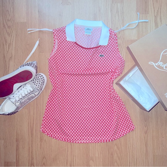 Lacoste Sleeveless orange/white Geometric print pique collared top - Picture 1 of 4